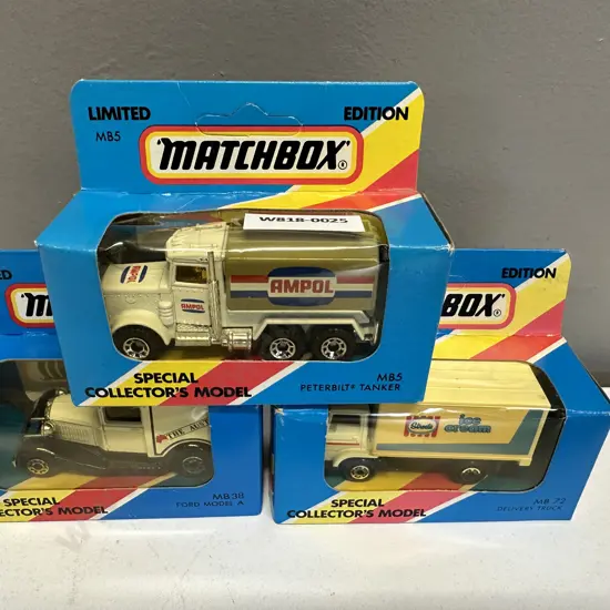 Matchbox MB-38 Ford Model A, MB-72 Delivery Truck, MB-5 Peterbilt Tanker, Special Collectors Model, New In Box