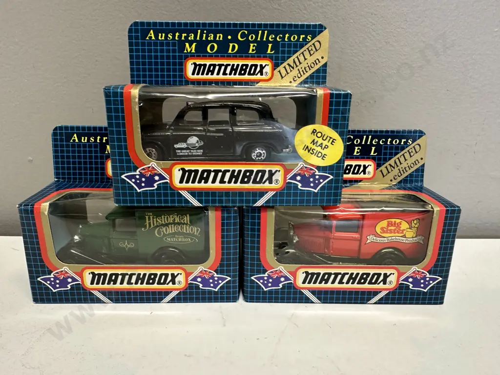 Matchbox Australian Collectors Model MB-04 London Taxi, MB-38 Model A Vans "Big Sister" & "Historical Collection" Image 1++