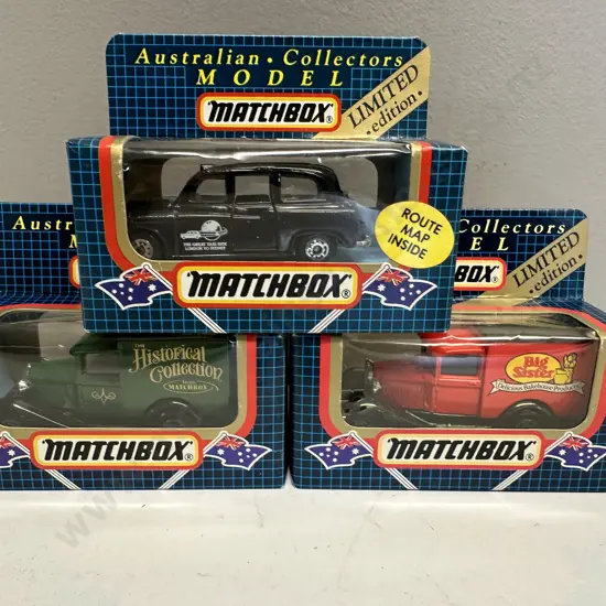 Matchbox Australian Collectors Model MB-04 London Taxi, MB-38 Model A Vans "Big Sister" & "Historical Collection"