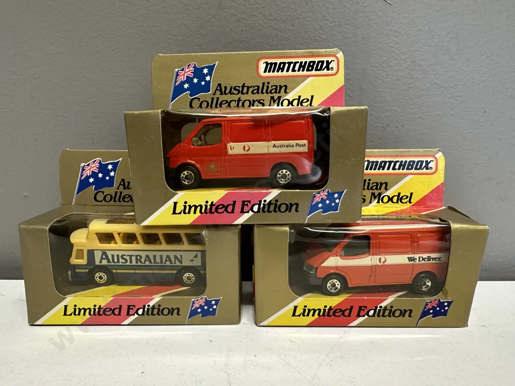 Matchbox Australian Collectors Model MB-65 Airport Coach, MB-60 Ford Transits "We Deliver" & "Australia Post" Image 1++