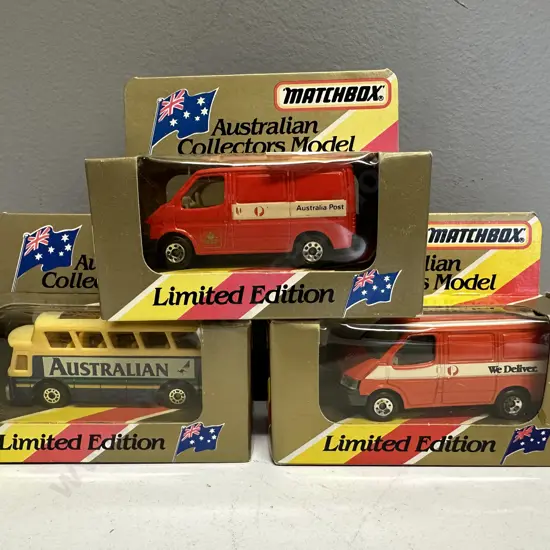 Matchbox Australian Collectors Model MB-65 Airport Coach, MB-60 Ford Transits "We Deliver" & "Australia Post"