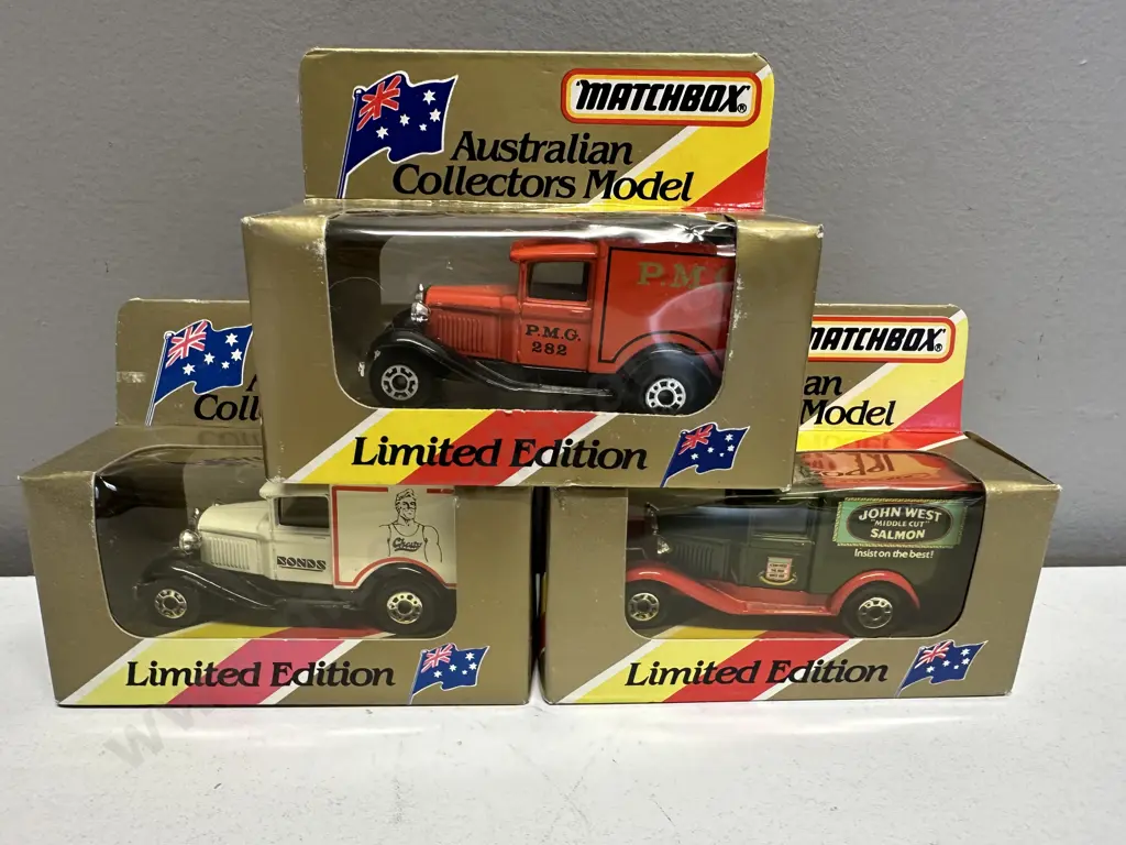 Matchbox Australian Collectors Model MB-38 Model A Vans x 3 "P.M.G." " Bonds" & "John West Salmon" Image 1++
