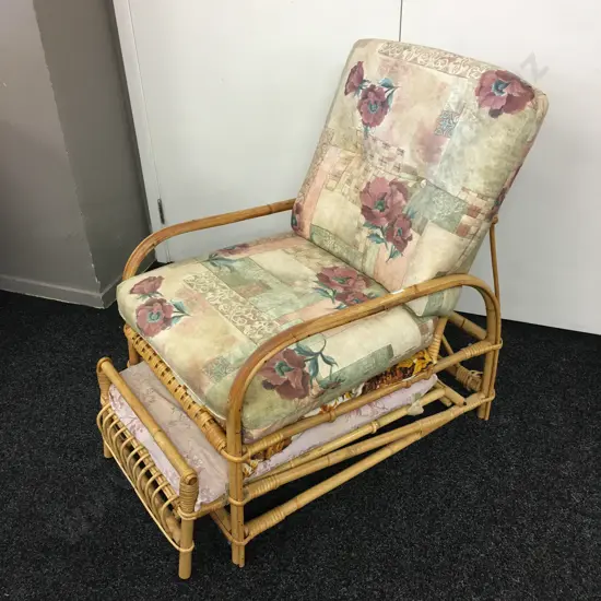 Vintage Cane Lounge Chair With Ottoman That Pulls Out From Base