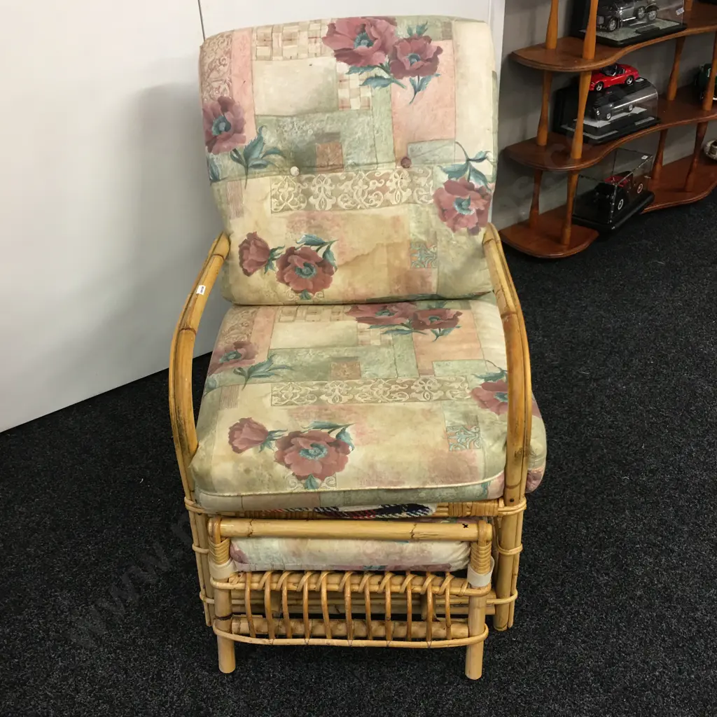 Vintage Cane Lounge Chair With Ottoman That Pulls Out From Base Image 1++