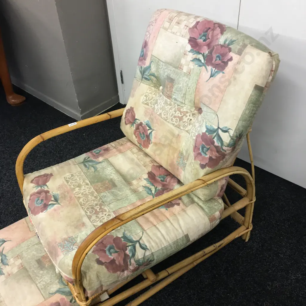 Vintage Cane Lounge Chair With Ottoman That Pulls Out From Base Image 1++