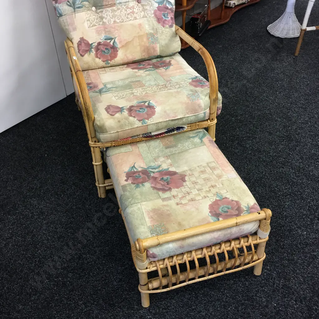 Vintage Cane Lounge Chair With Ottoman That Pulls Out From Base Image 1++