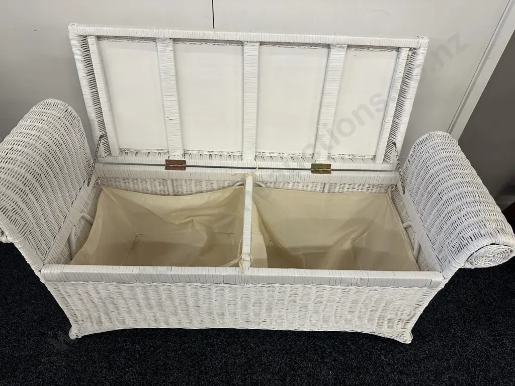 Painted White Cane Storage Seat Lift Up Lid With Rolled Arms Image 1++