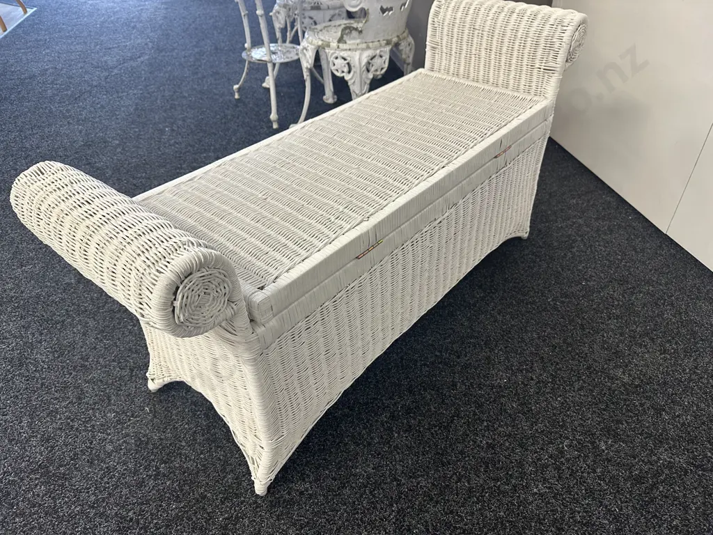 Painted White Cane Storage Seat Lift Up Lid With Rolled Arms Image 1++