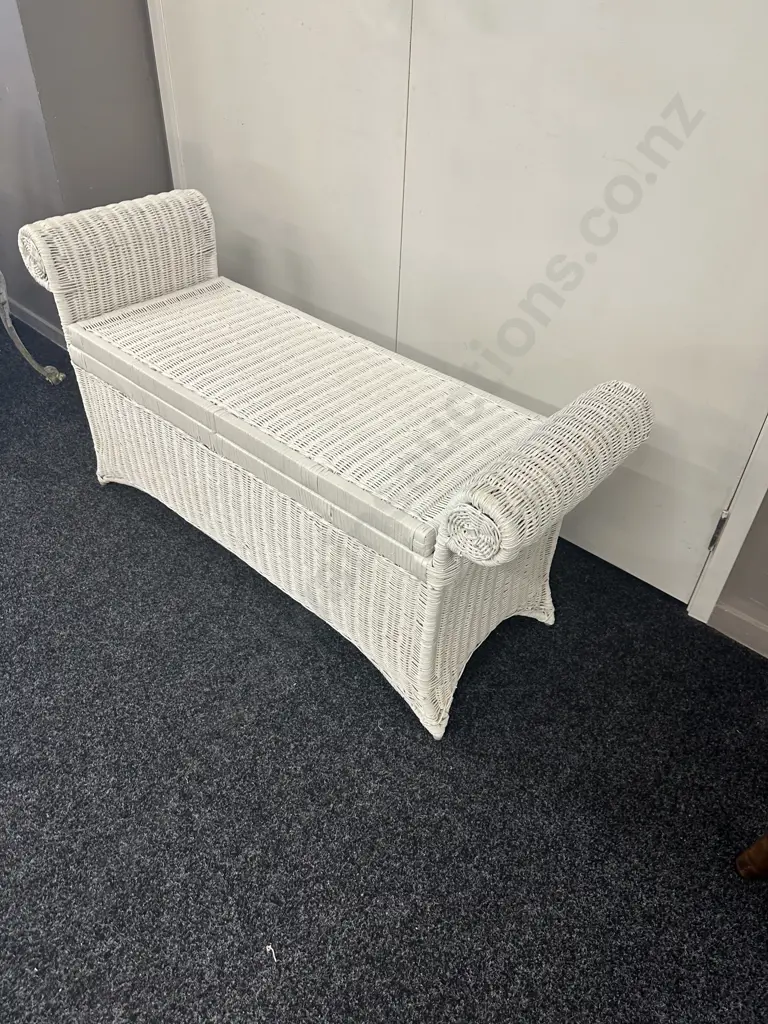 Painted White Cane Storage Seat Lift Up Lid With Rolled Arms Image 1++