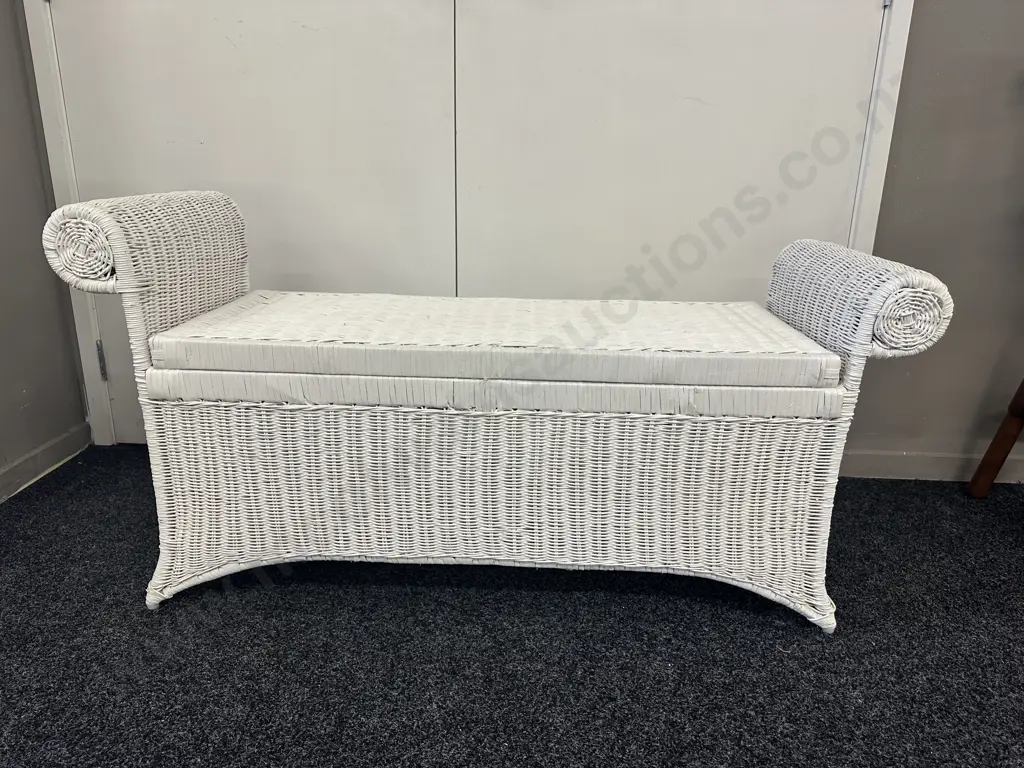Painted White Cane Storage Seat Lift Up Lid With Rolled Arms Image 1++