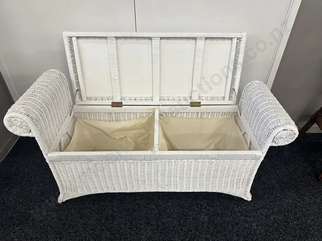Painted White Cane Storage Seat Lift Up Lid With Rolled Arms Image 1++