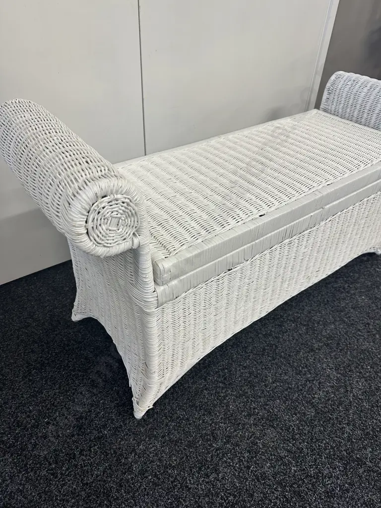 Painted White Cane Storage Seat Lift Up Lid With Rolled Arms Image 1++