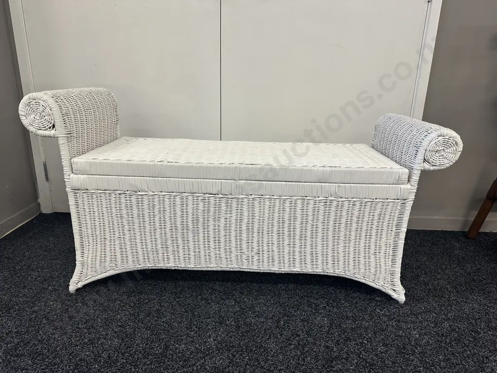 Painted White Cane Storage Seat Lift Up Lid With Rolled Arms Image 1++
