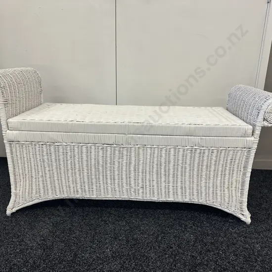 Painted White Cane Storage Seat Lift Up Lid With Rolled Arms