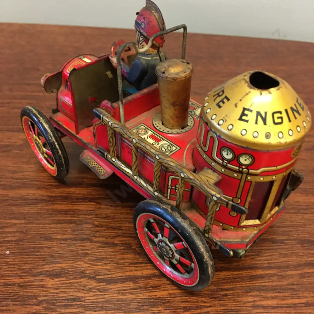 Vintage Tin Litho Friction Fire Engine 1912, Trade Mark Modern Toys Japan, 9.5 x 14cm Image 1++