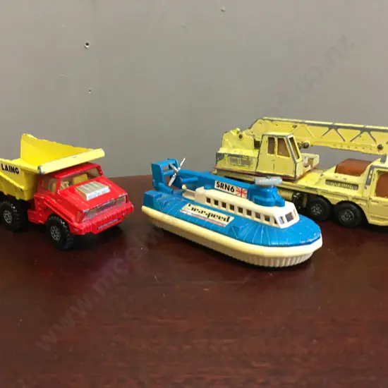Matchbox SuperKings K-12 K-113 Hercules Mobile Crane,1974 & K-4 Big Tipper,1973 & K-22 Seaspeed Hovercraft,1974
