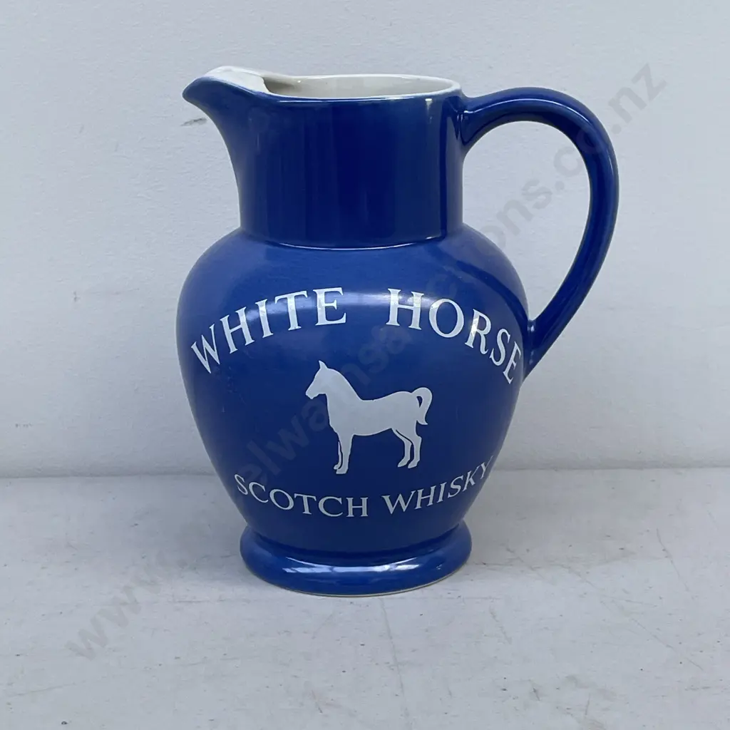 Vintage Kirkham Pottery White Horse Scotch Whisky Blue and White Jug H15.5cm Image 1++