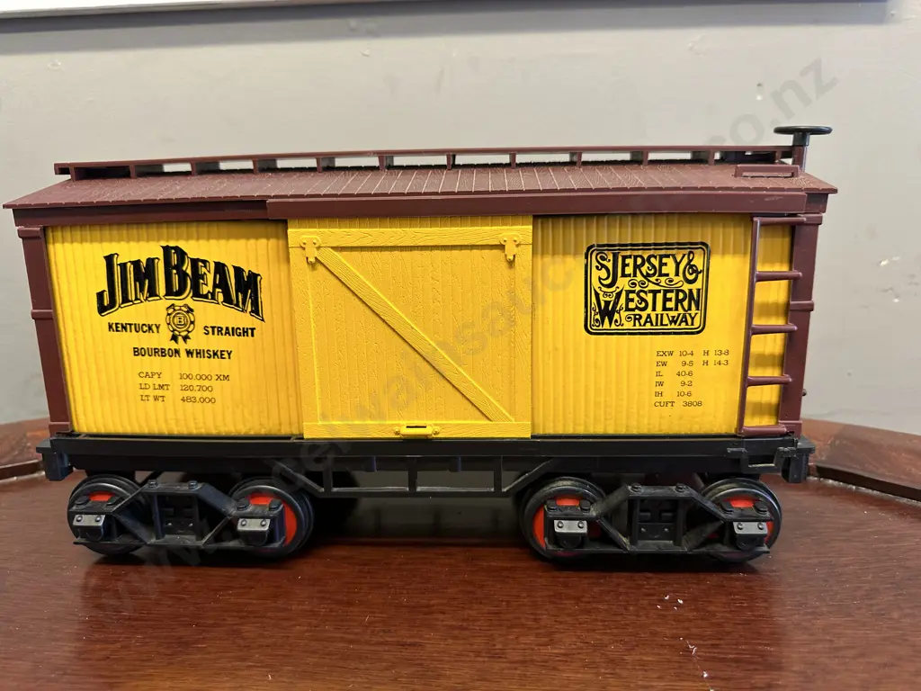 Vintage Jim Beam Decanter - Jim Beam Jersey & Western Railway Yellow Box Car, Sliding Doors, Regal China Image 1++
