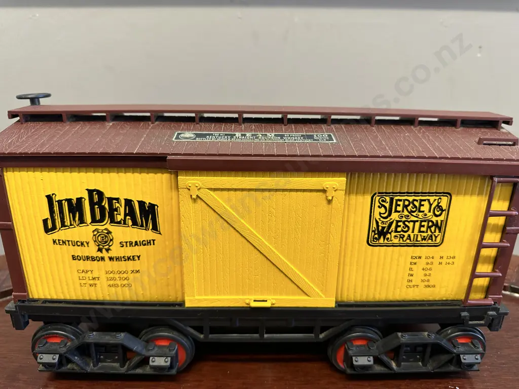 Vintage Jim Beam Decanter - Jim Beam Jersey & Western Railway Yellow Box Car, Sliding Doors, Regal China Image 1++