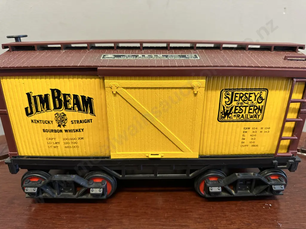 Vintage Jim Beam Decanter - Jim Beam Jersey & Western Railway Yellow Box Car, Sliding Doors, Regal China Image 1++