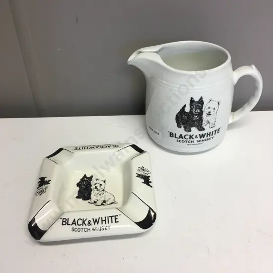 Vintage Black & White' Scotch Whiskey Burleigh Ware Water Jug With James Green & Nephew Ashtray (Handle Repaired)