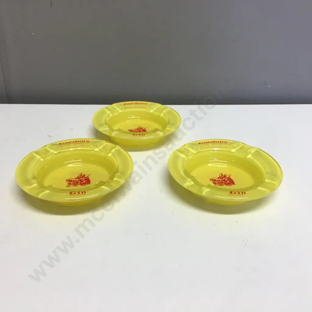 Rare Vintage Yellow Glass Gordon's Gin Round Advertising Ashtrays x 3, Dia 11.5cm Image 1++