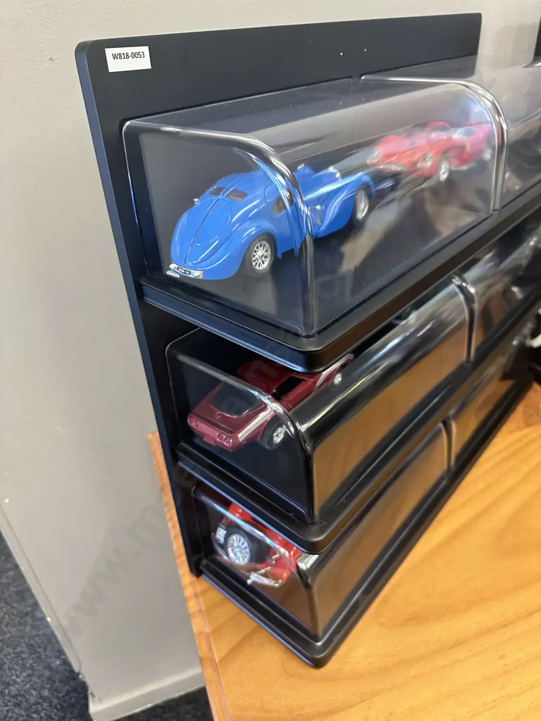 Lot of 6 Burago Diecast Model Cars In A Black Free Standing Display Case, Individual Plexiglass Covers, H48 W55.5 D17cm Image 1++