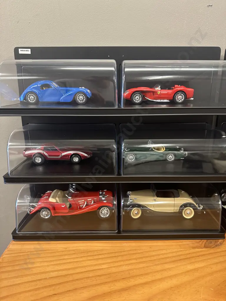 Lot of 6 Burago Diecast Model Cars In A Black Free Standing Display Case, Individual Plexiglass Covers, H48 W55.5 D17cm Image 1++