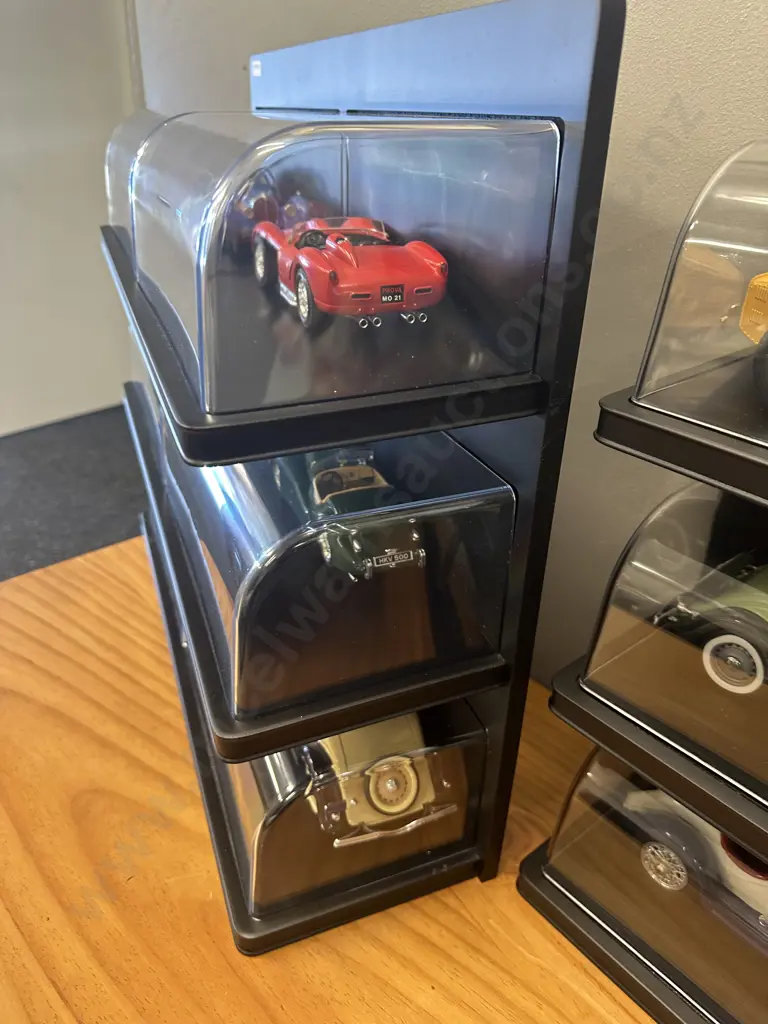 Lot of 6 Burago Diecast Model Cars In A Black Free Standing Display Case, Individual Plexiglass Covers, H48 W55.5 D17cm Image 1++