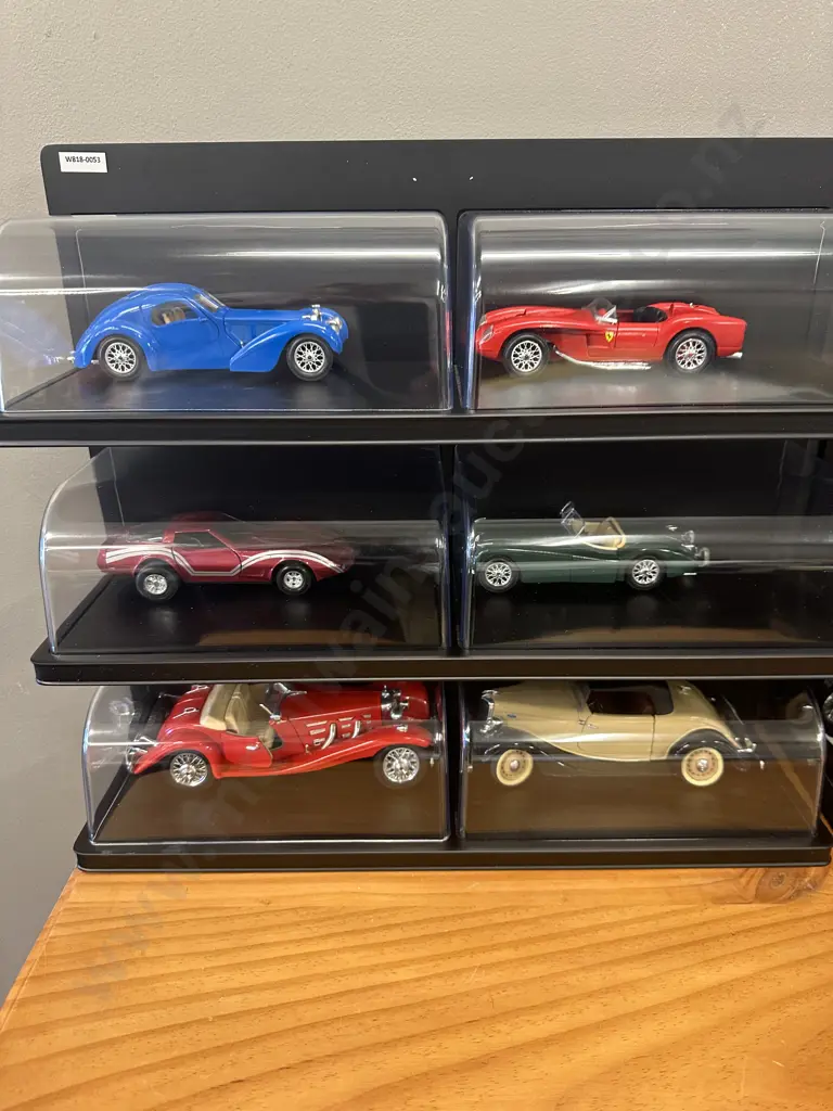 Lot of 6 Burago Diecast Model Cars In A Black Free Standing Display Case, Individual Plexiglass Covers, H48 W55.5 D17cm Image 1++
