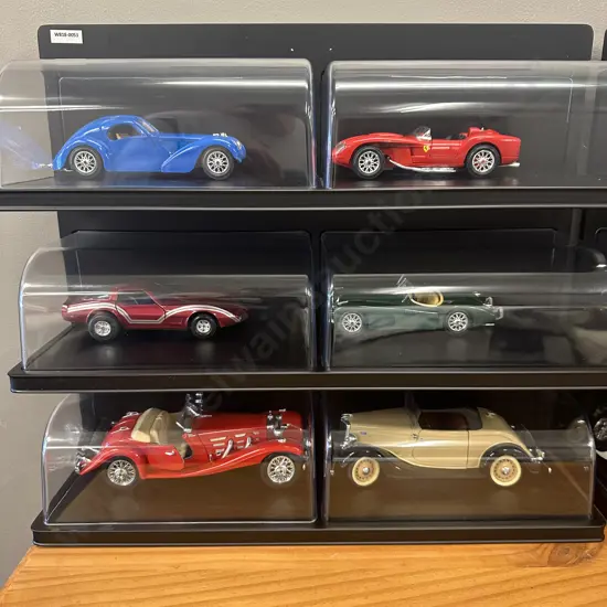 Lot of 6 Burago Diecast Model Cars In A Black Free Standing Display Case, Individual Plexiglass Covers, H48 W55.5 D17cm