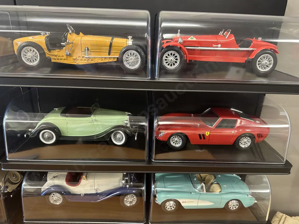 Lot of 6 Burago Diecast Model Cars In A Black Free Standing Display Case, Individual Plexiglass Covers, H48 W55.5 D17cm Image 1++