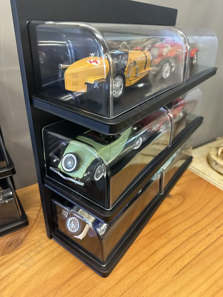 Lot of 6 Burago Diecast Model Cars In A Black Free Standing Display Case, Individual Plexiglass Covers, H48 W55.5 D17cm Image 1++