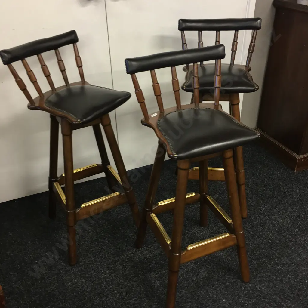 Set of 3 Vintage Swivel Barstools, Domed Leather Upholstered Seat & Low Back, Brass Capped Foot Rails, H90cm Image 1++