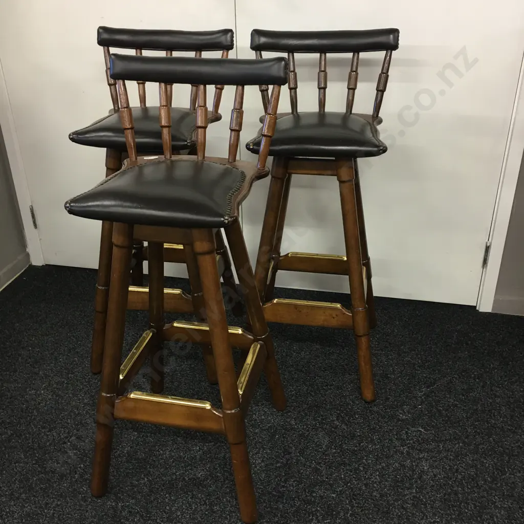 Set of 3 Vintage Swivel Barstools, Domed Leather Upholstered Seat & Low Back, Brass Capped Foot Rails, H90cm Image 1++