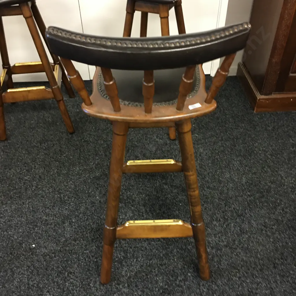 Set of 3 Vintage Swivel Barstools, Domed Leather Upholstered Seat & Low Back, Brass Capped Foot Rails, H90cm Image 1++