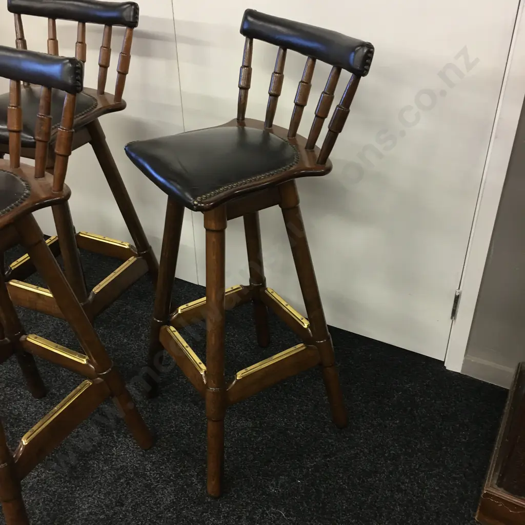 Set of 3 Vintage Swivel Barstools, Domed Leather Upholstered Seat & Low Back, Brass Capped Foot Rails, H90cm Image 1++