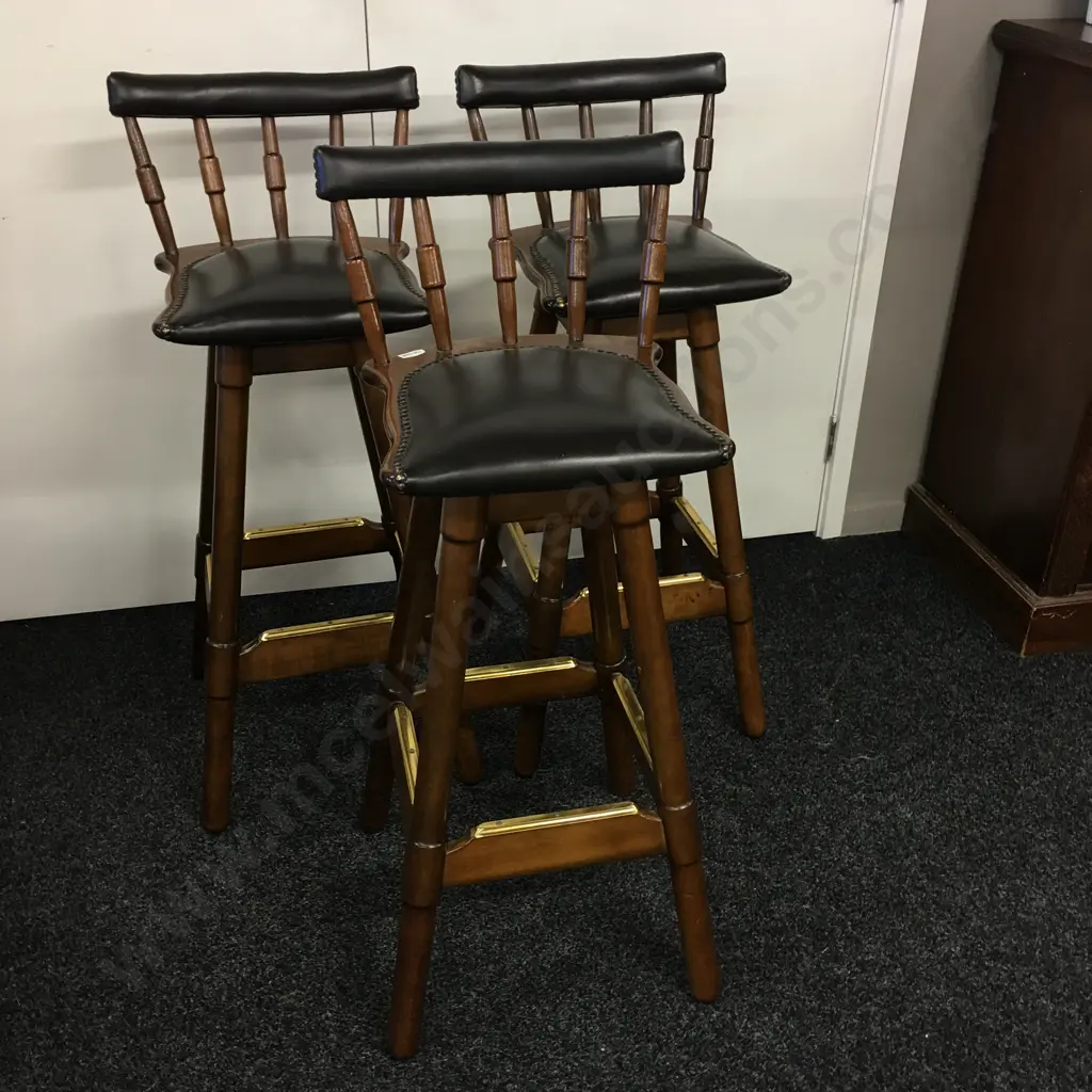 Set of 3 Vintage Swivel Barstools, Domed Leather Upholstered Seat & Low Back, Brass Capped Foot Rails, H90cm Image 1++