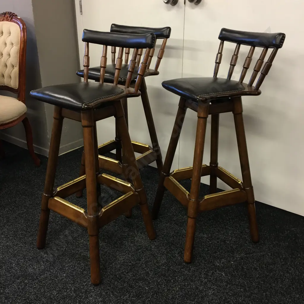 Set of 3 Vintage Swivel Barstools, Domed Leather Upholstered Seat & Low Back, Brass Capped Foot Rails, H90cm Image 1++