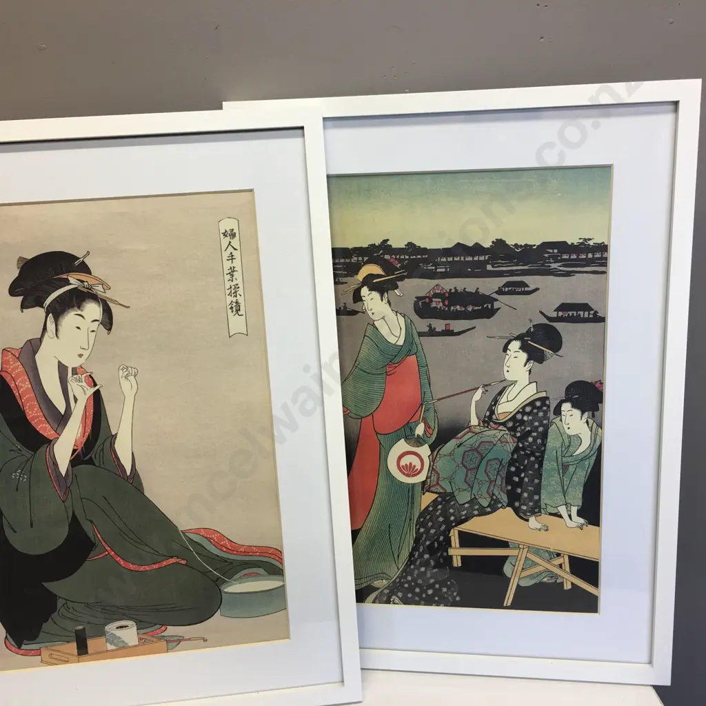 White Wooden Framed Oriental Artworks x3 Image 1++
