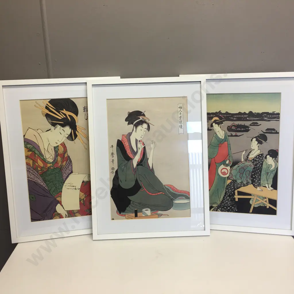 White Wooden Framed Oriental Artworks x3 Image 1++