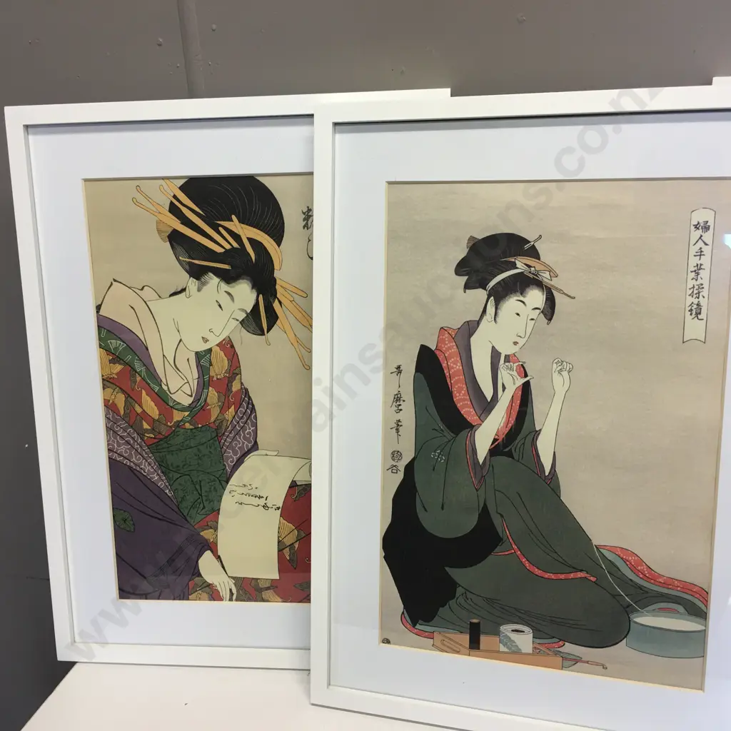White Wooden Framed Oriental Artworks x3 Image 1++