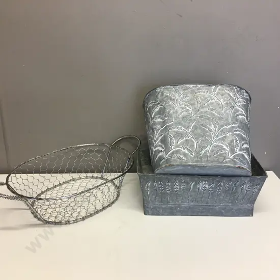Tin Planters & Wire Fruit Basket