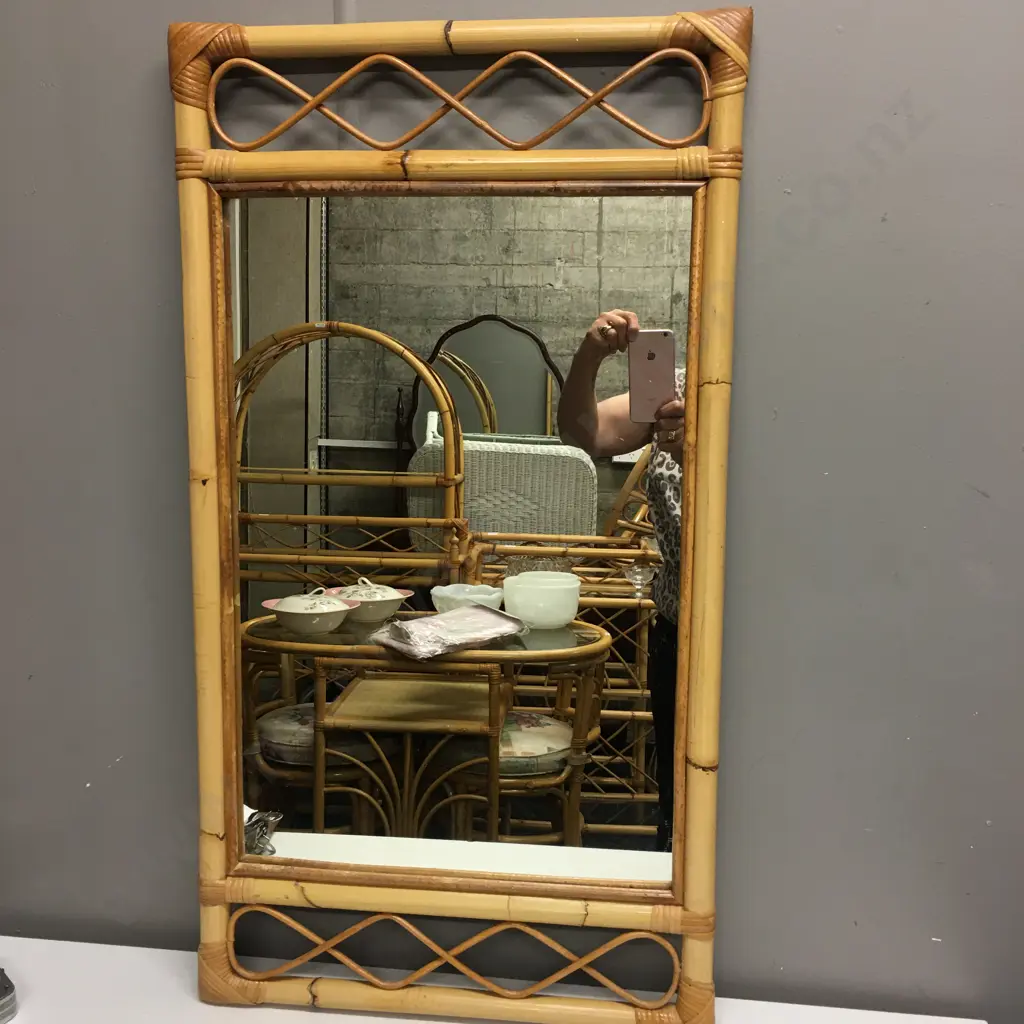 Vintage Cane Framed Rectangular Wall Mirror, 88 x 48cm Image 1++