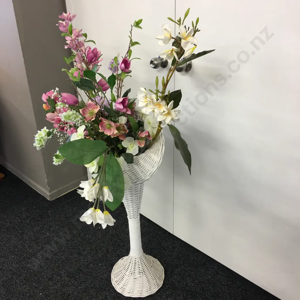 Tall White Painted Wicker Jack-in-the-Pulpit Decorative Floral Stand/Vase with Faux flowers H1.30m high Image 1++