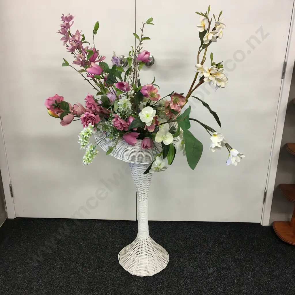 Tall White Painted Wicker Jack-in-the-Pulpit Decorative Floral Stand/Vase with Faux flowers H1.30m high Image 1++