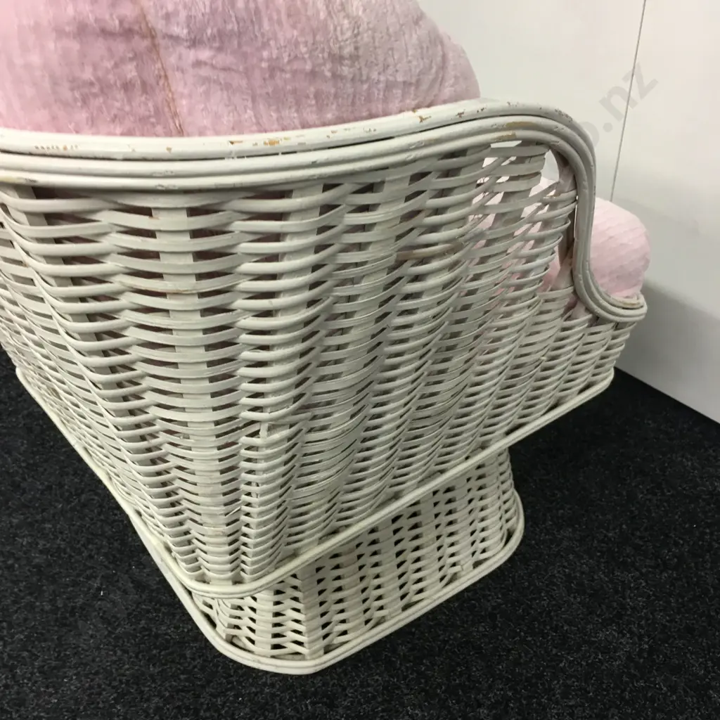 White Wicker Chair With Pedestal Base, Pink Fluffy Fabric Image 1++