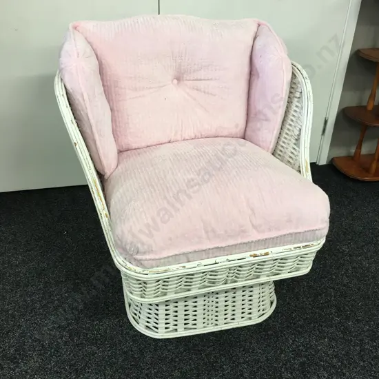 White Wicker Chair With Pedestal Base, Pink Fluffy Fabric