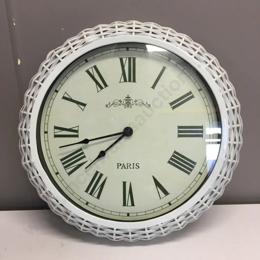 Round White Rattan Look Framed Decorative Clock 'Paris' Dia 38cm Image 1++