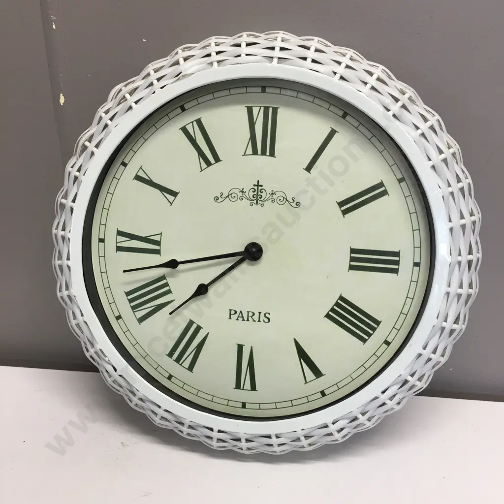Round White Rattan Look Framed Decorative Clock 'Paris' Dia 38cm Image 1++
